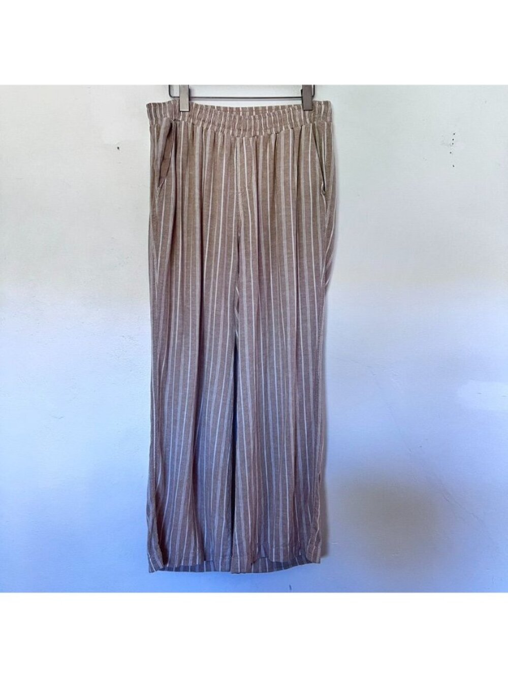 Briggs Womens L Linen Pants Wide Leg Tan/White Striped Euro Summer Vacation - Picture 2 of 13